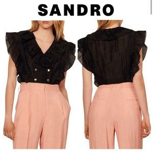 NWT Sandro E22 Folie Linen Blouse in Black